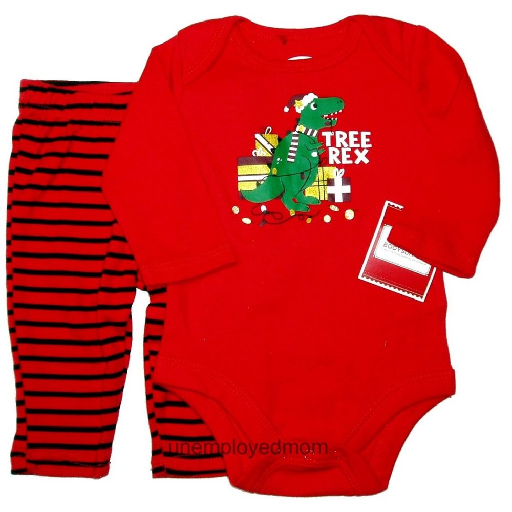 Dinosaur Christmas Outfit Boys Tree Rex 2 pc Set Bodysuit Pants Holiday